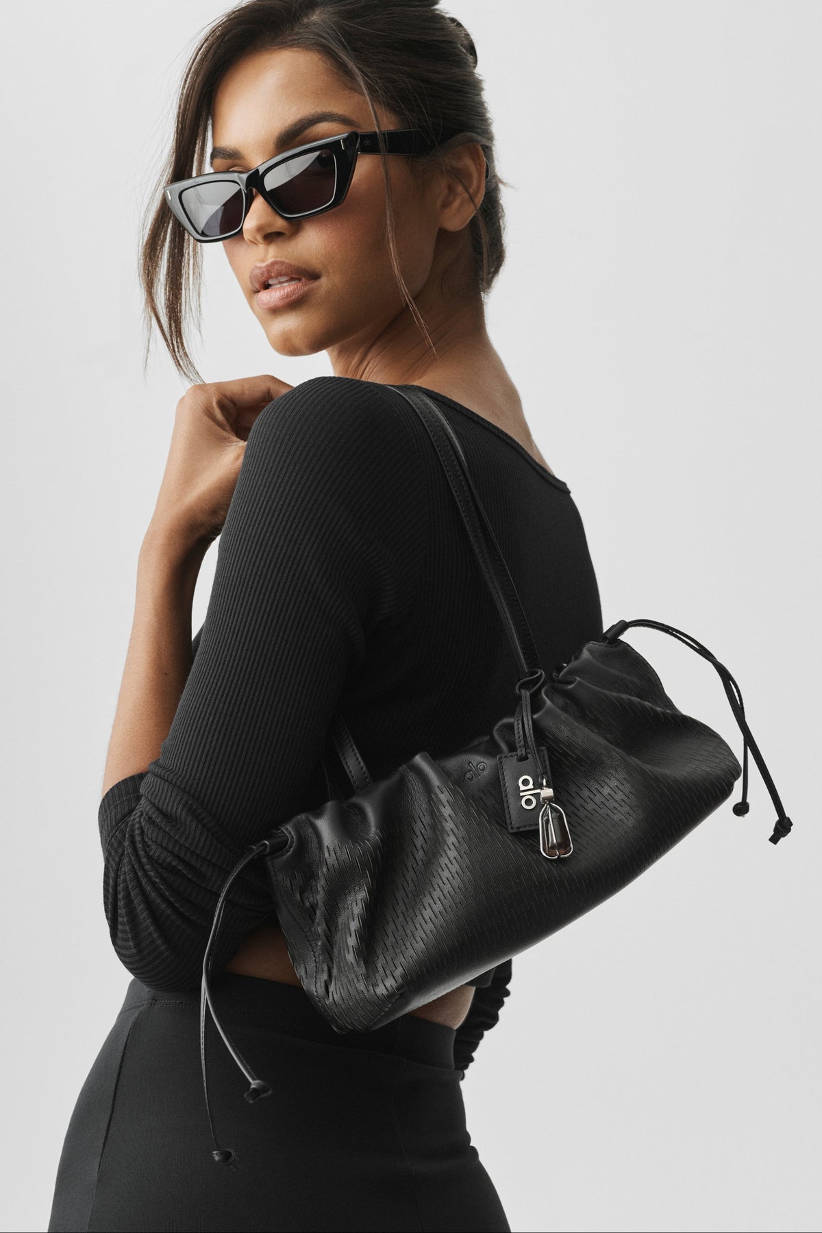 ALO Leather Mesh Mini Unwind Cinch - Black Leather Mesh--5