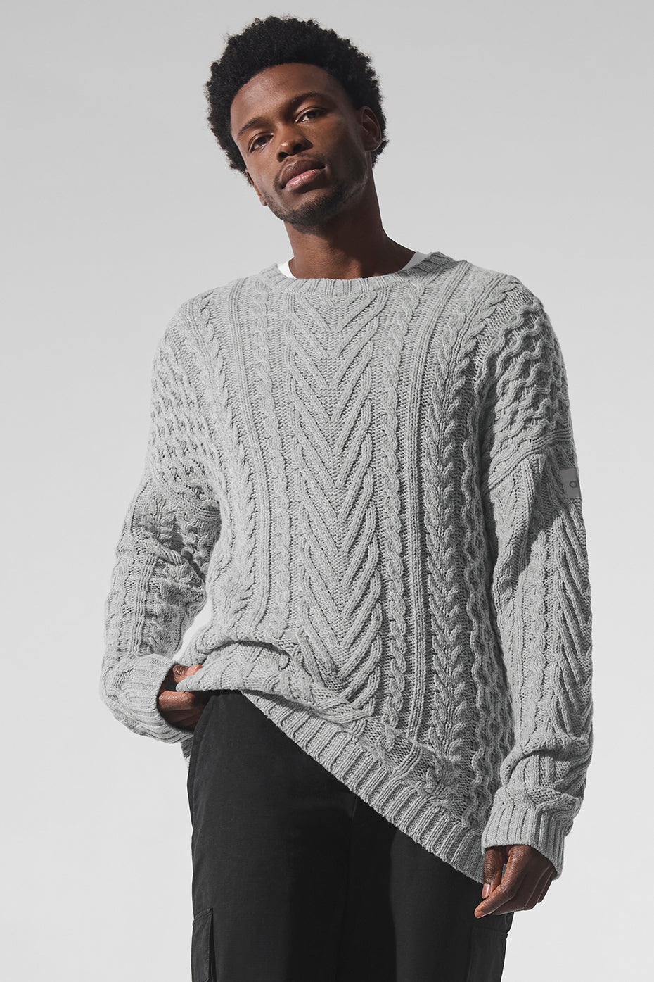 Cable Knit Crew Neck Sweater - Athletic Heather Grey--0