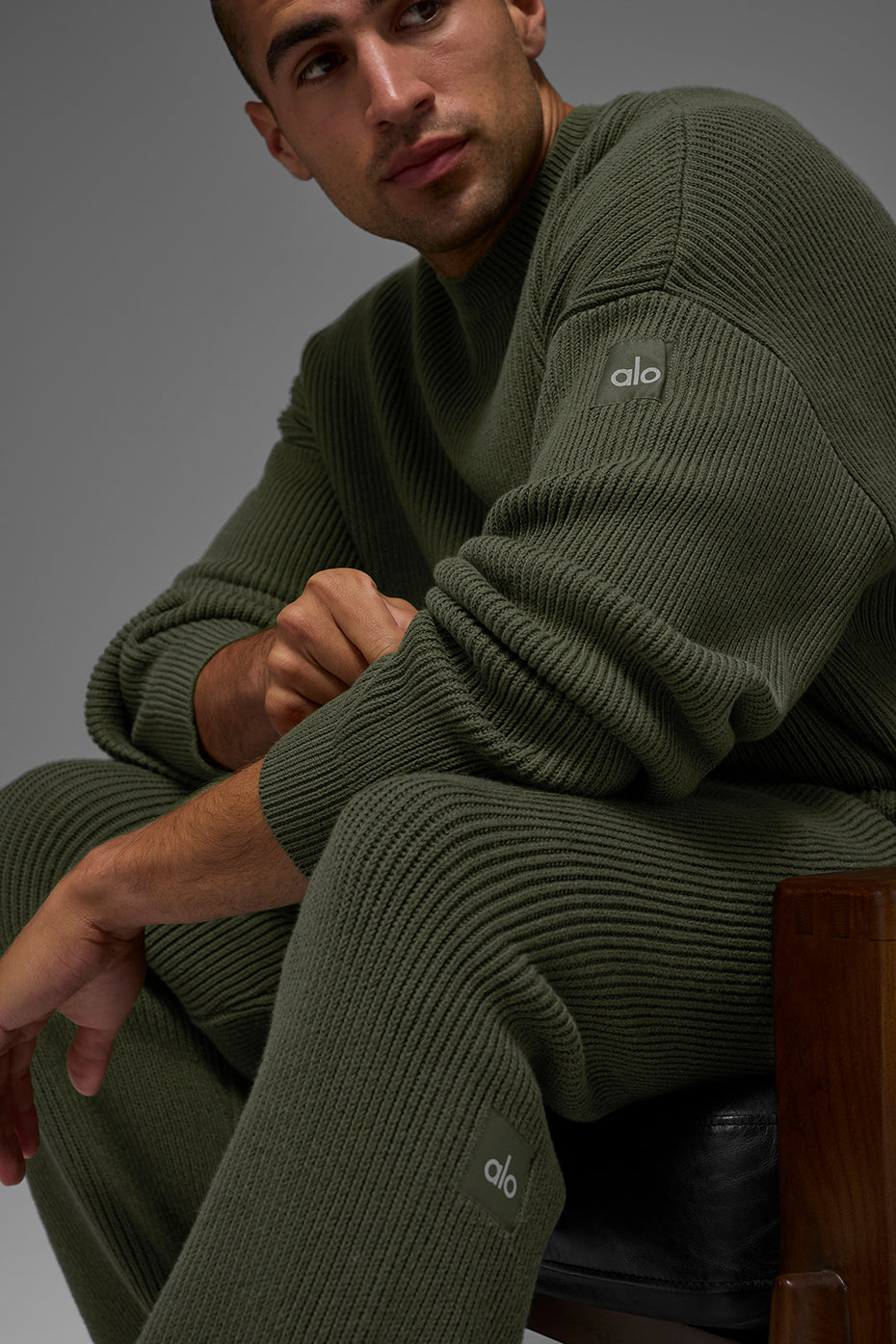 Domain Rib Knit Crew Sweater - Green Olive--3