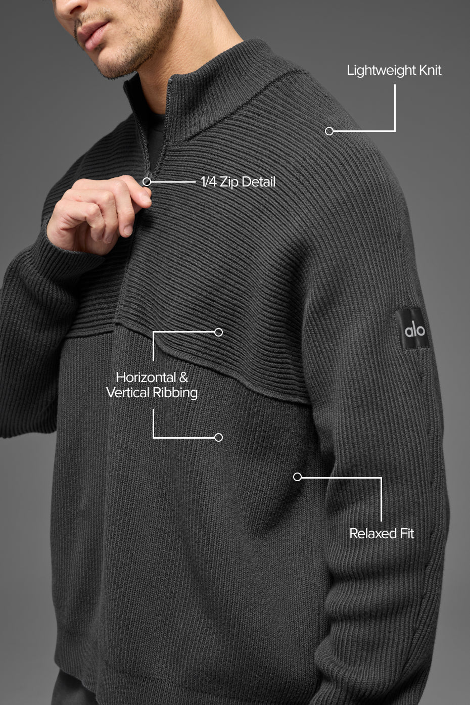 Domain Shift Rib Knit 1/4 Zip Sweater - Anthracite--1