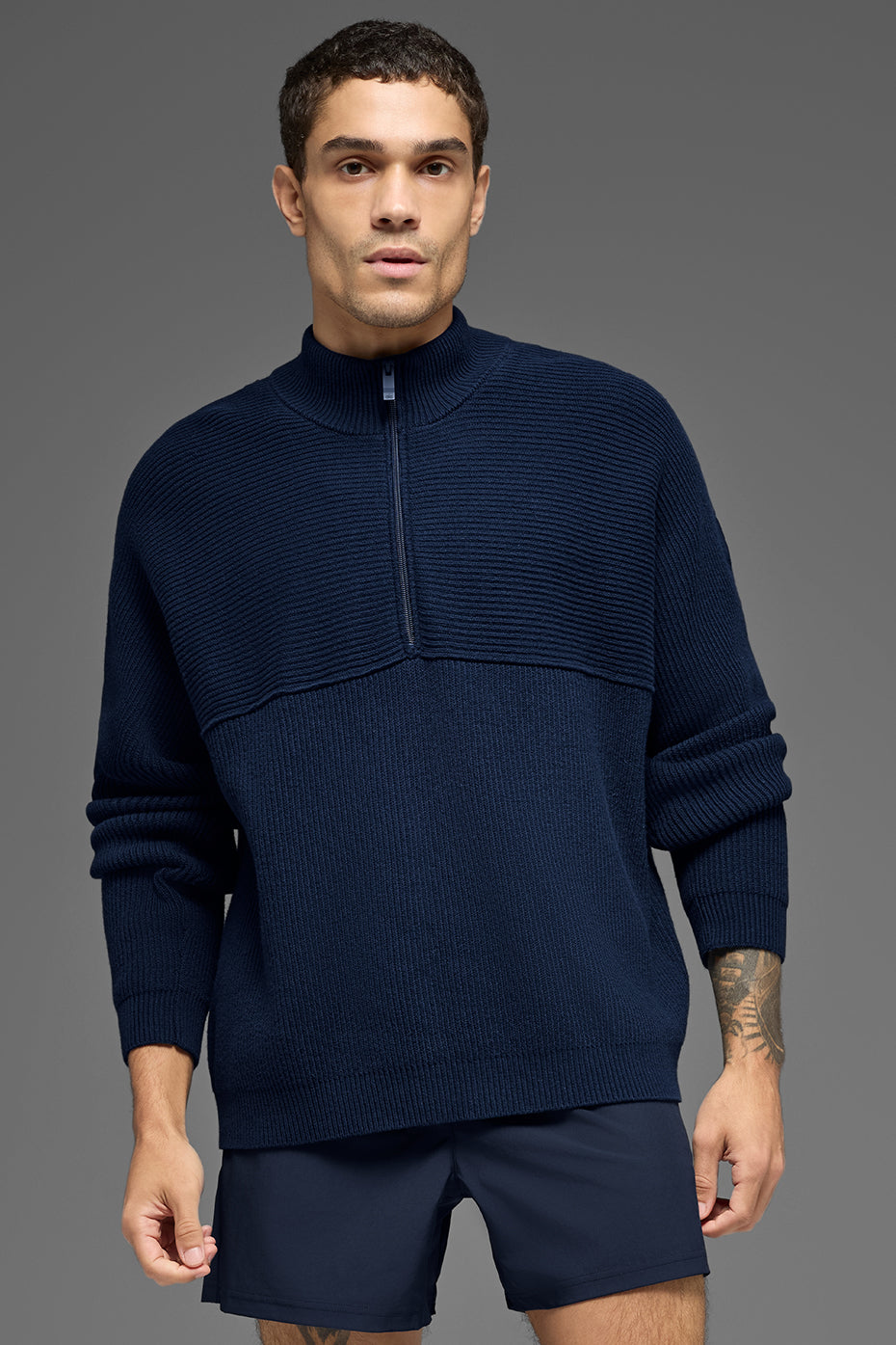 Domain Shift Rib Knit 1/4 Zip Sweater - Navy--2