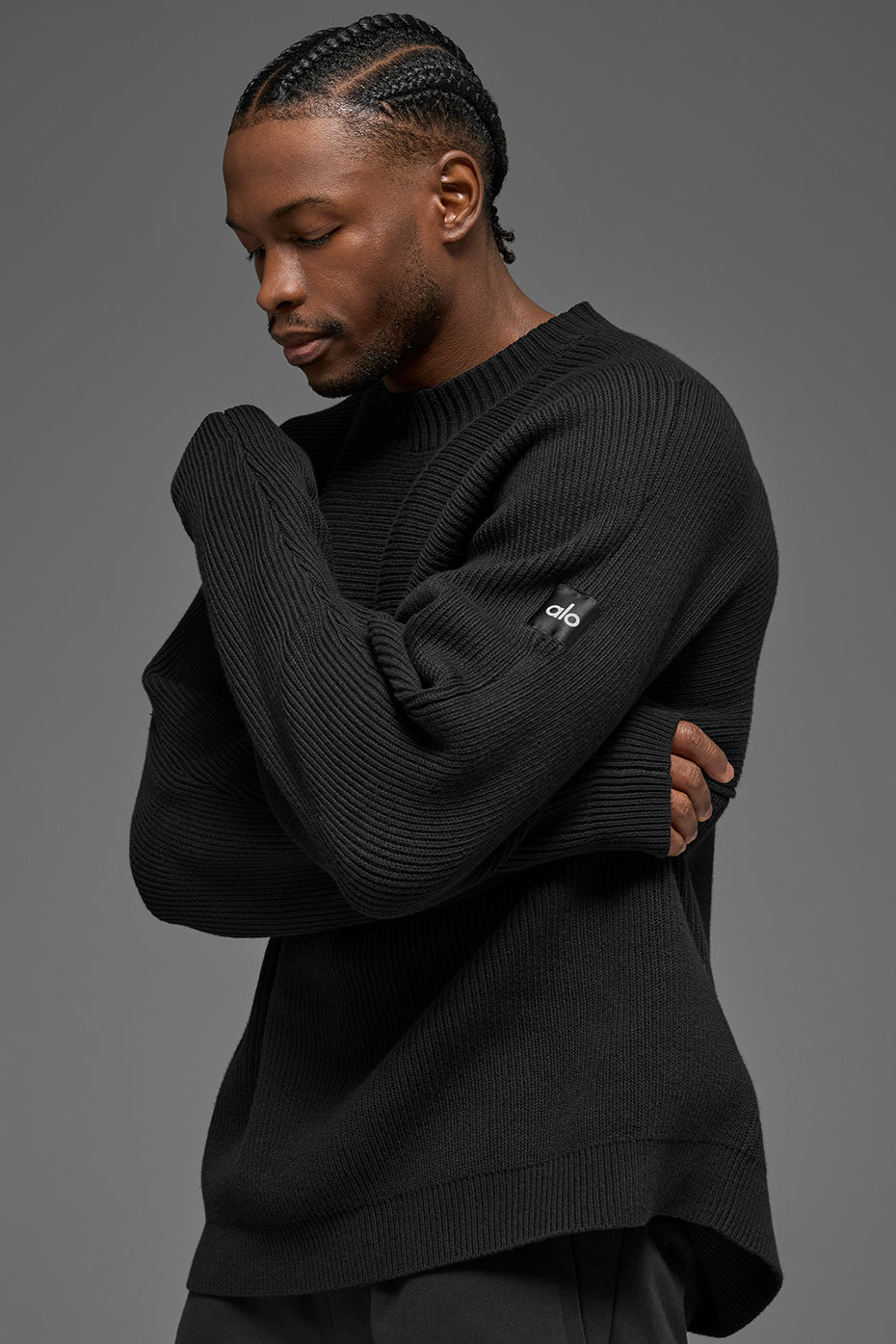 Domain Shift Rib Knit Sweater Crew - Black--4