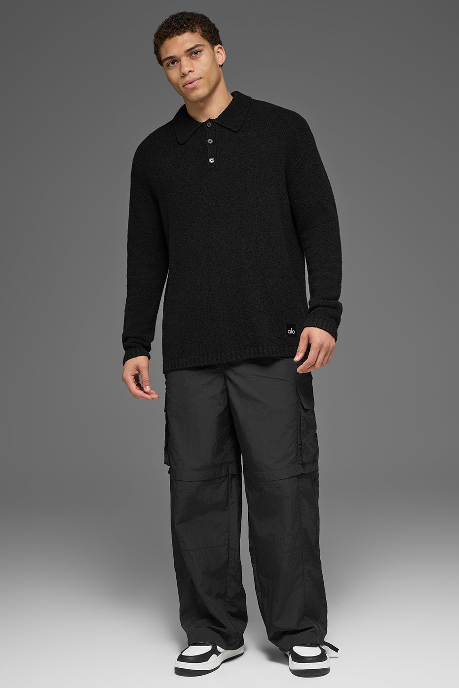 Textured Knit Long Sleeve Polo - Black--4
