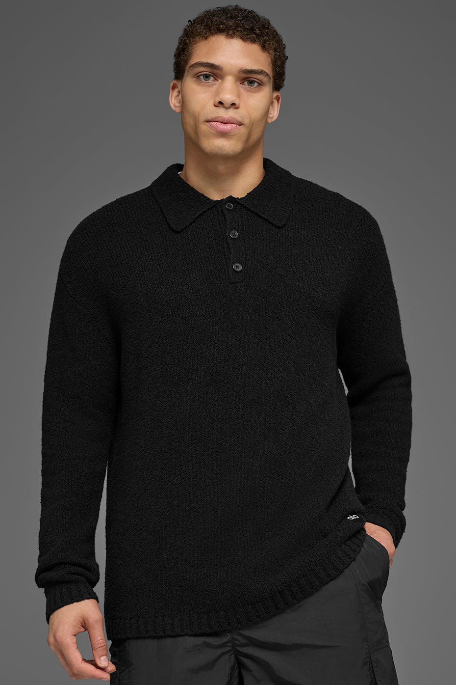 Textured Knit Long Sleeve Polo - Black--0
