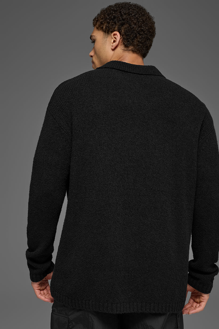 Textured Knit Long Sleeve Polo - Black--2