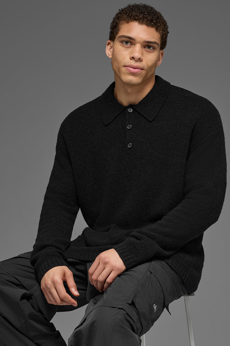 Textured Knit Long Sleeve Polo - Black--3