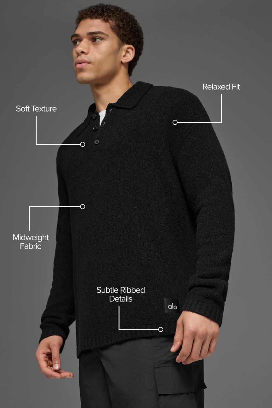 Textured Knit Long Sleeve Polo - Black--1