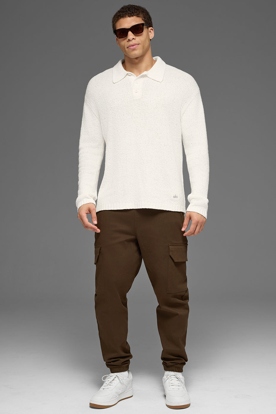 Textured Knit Long Sleeve Polo - Ivory--5