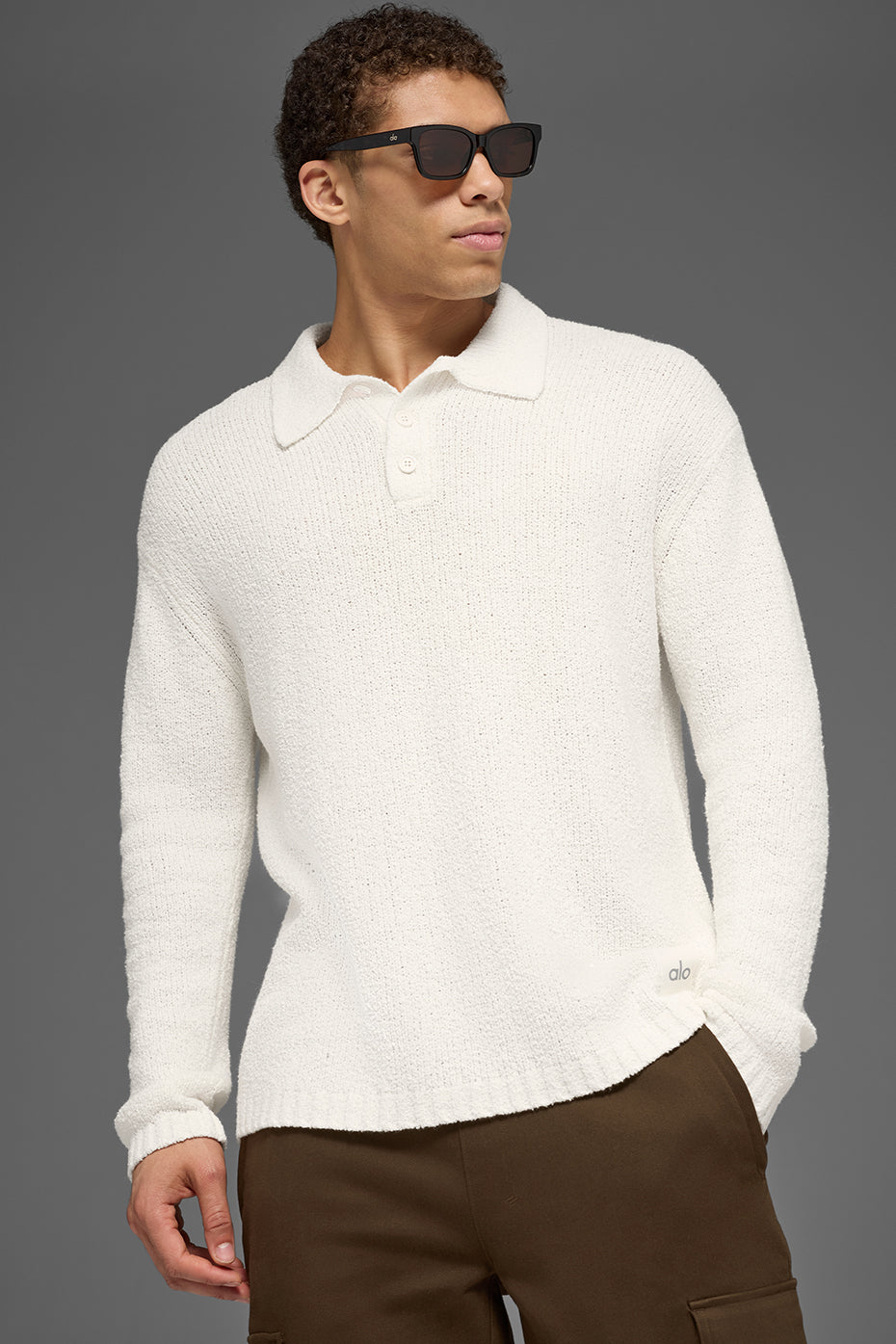 Textured Knit Long Sleeve Polo - Ivory--2
