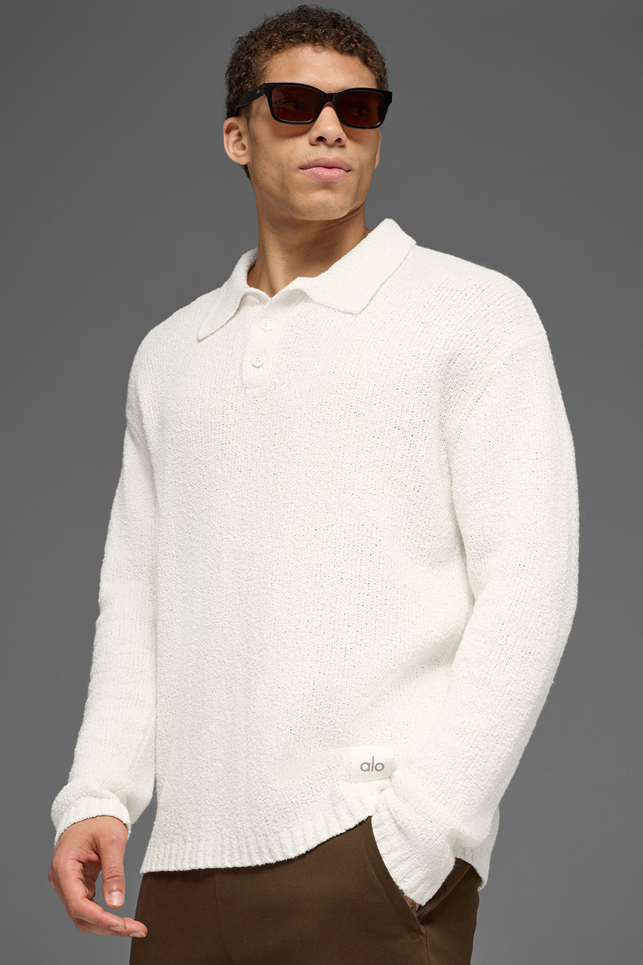 Textured Knit Long Sleeve Polo - Ivory--4