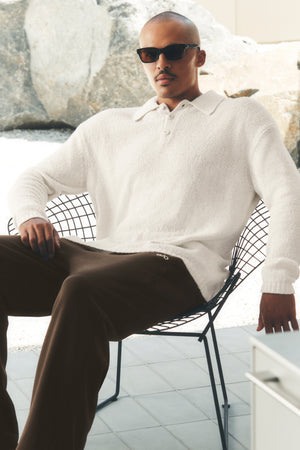 Textured Knit Long Sleeve Polo - Ivory