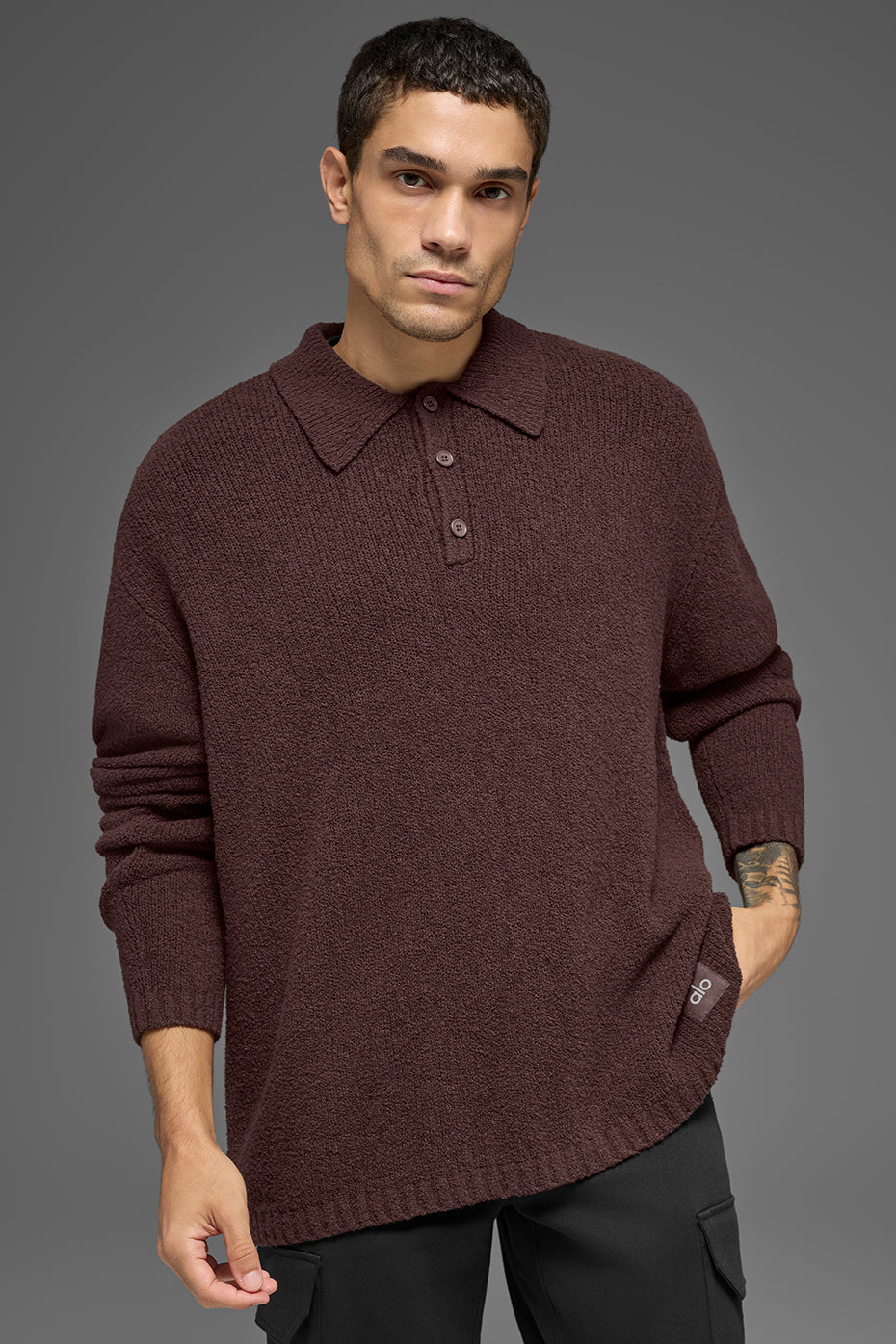 Textured Knit Long Sleeve Polo - Brownstone--1