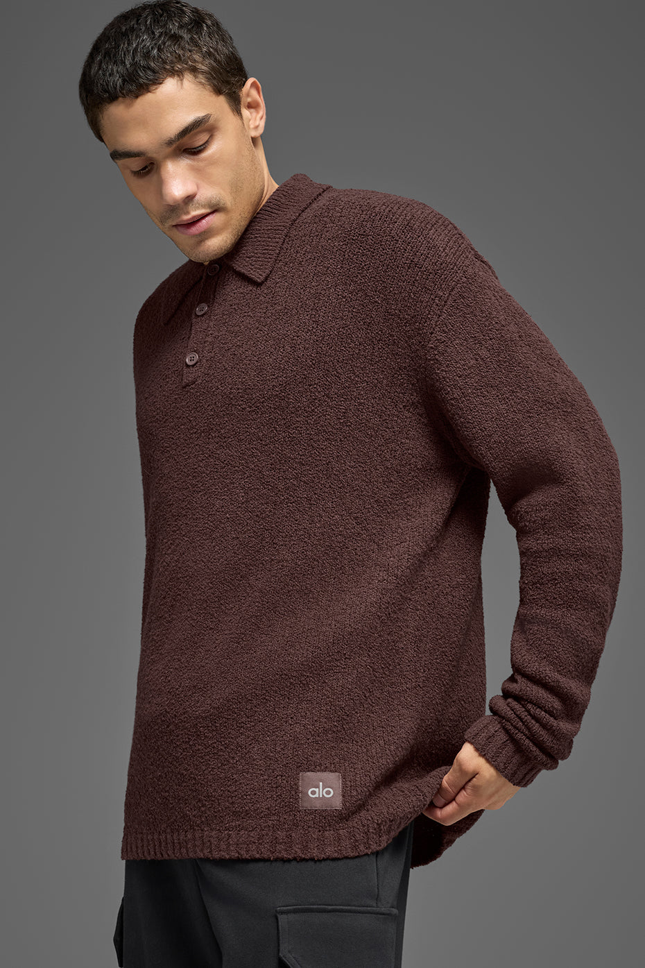 Textured Knit Long Sleeve Polo - Brownstone--2