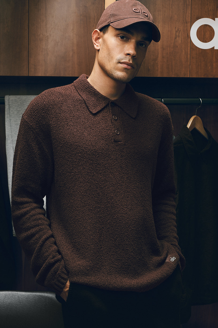 Textured Knit Long Sleeve Polo - Brownstone--0