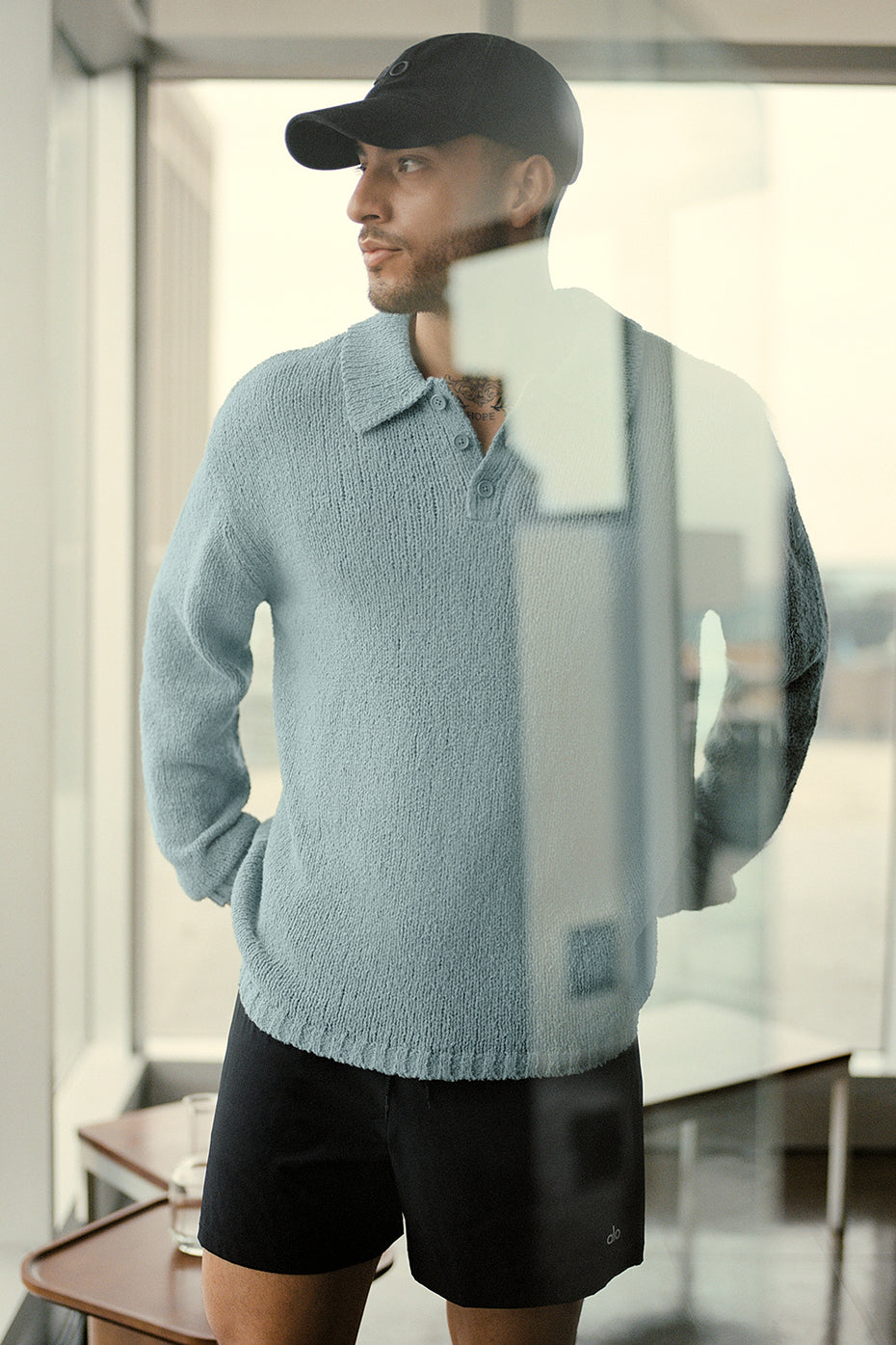 Textured Knit Long Sleeve Polo - Desert Sage--0