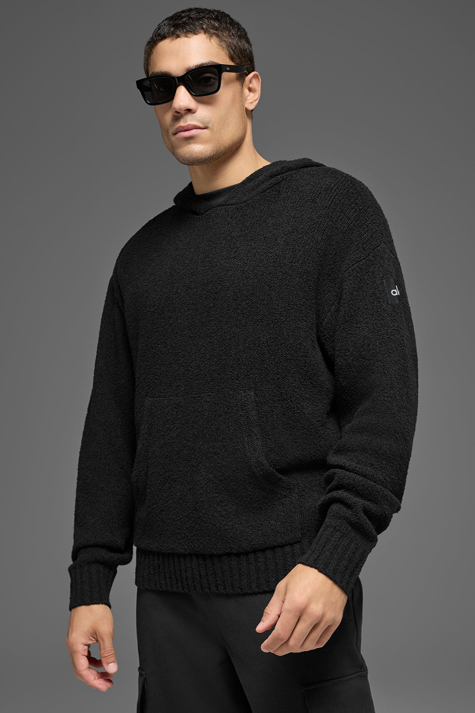 Textured Knit Hoodie - Black--0