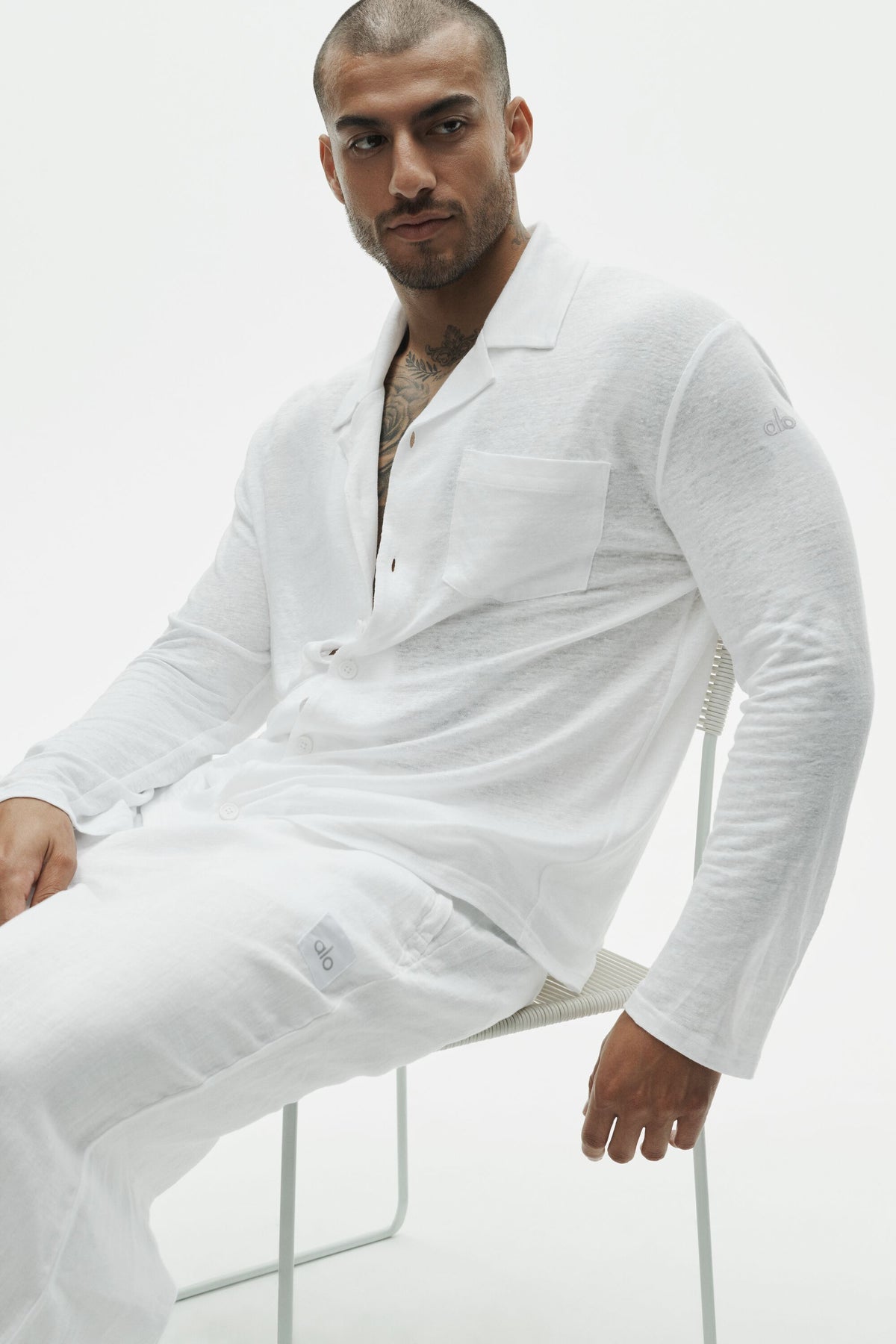 Linen Jersey Coastal Long Sleeve Button Up - White--0