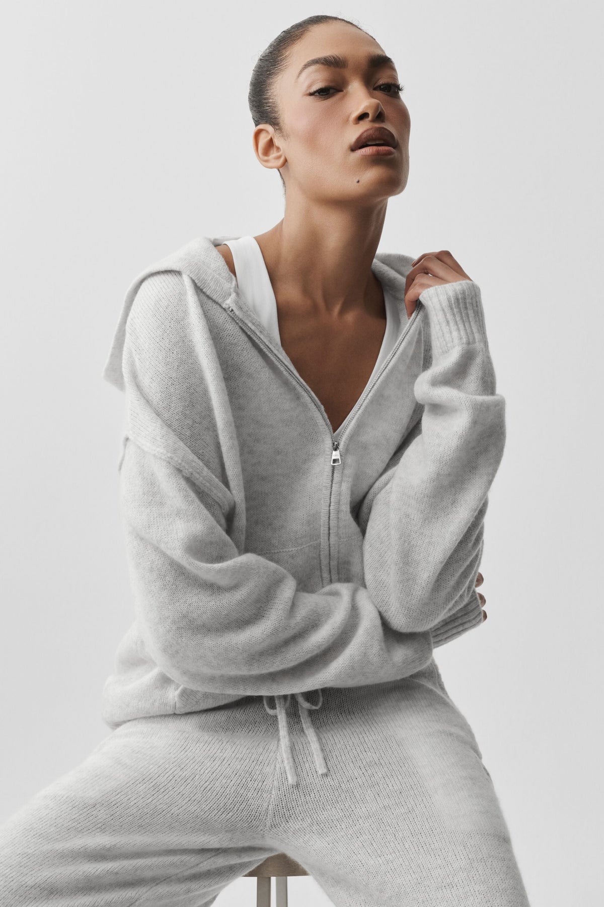 Wool Cashmere New Class Full Zip Hoodie - White Heather--3