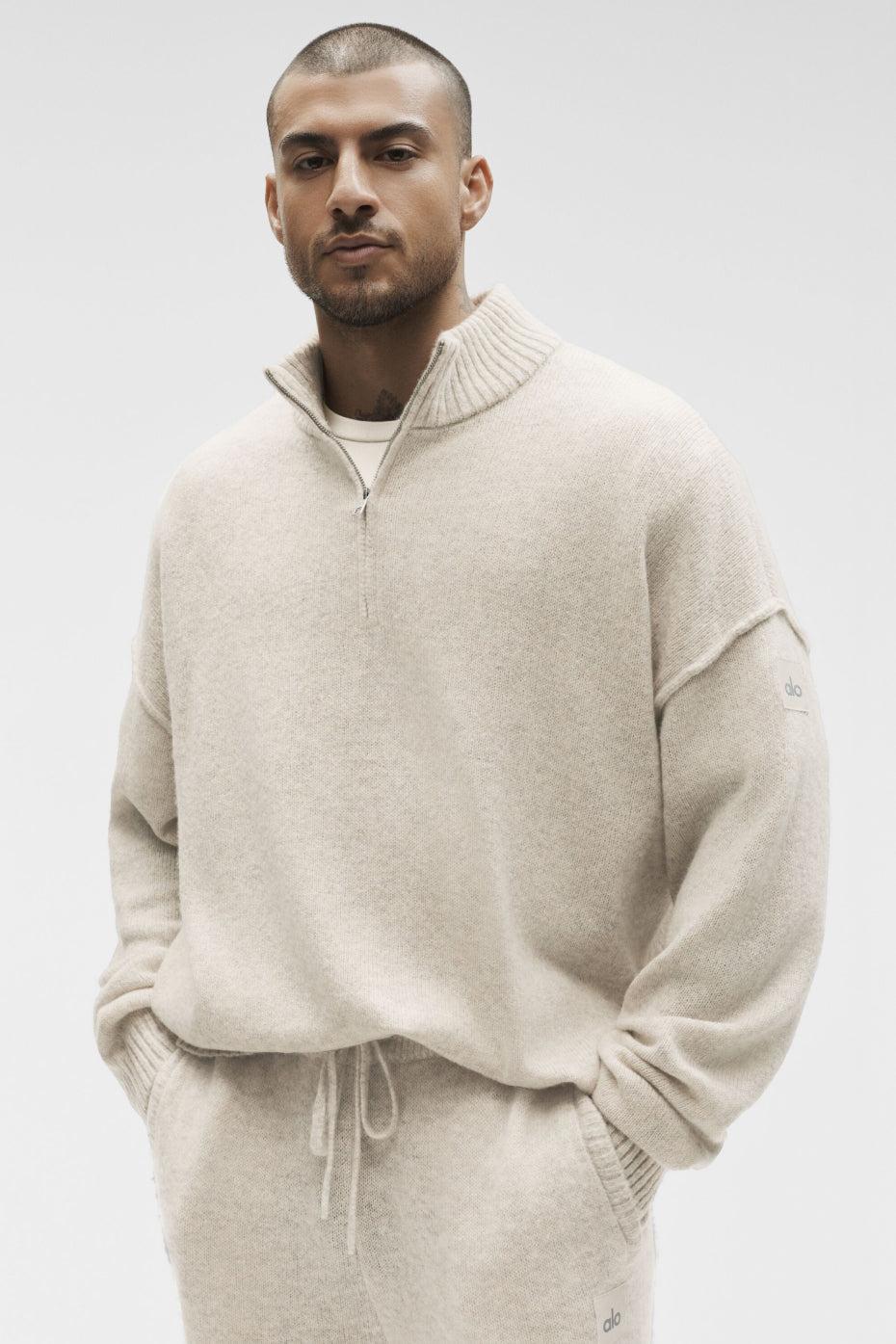 Wool Cashmere New Class 1/4 Zip Pullover - Oatmeal Heather--0
