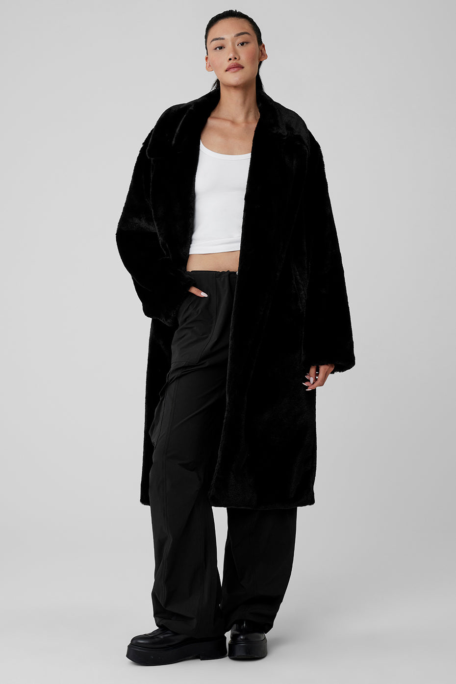 Oversized Faux Fur Trench - Black--0