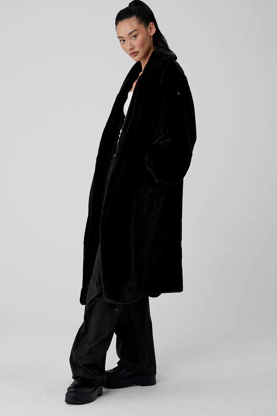 Oversized Faux Fur Trench - Black--2