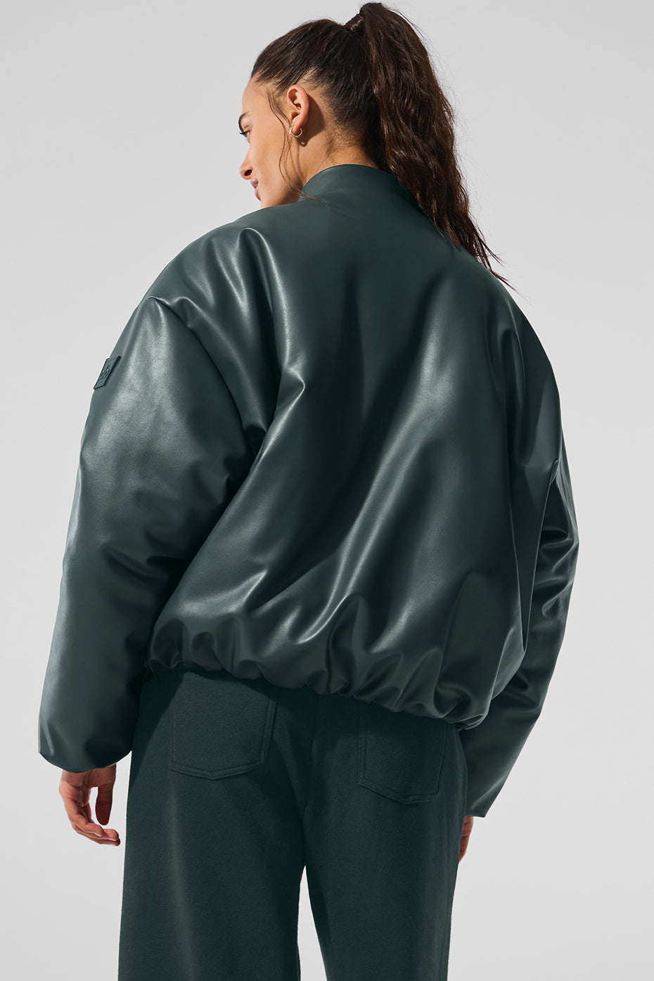 Faux Leather Premier Bomber - Charcoal Green--1