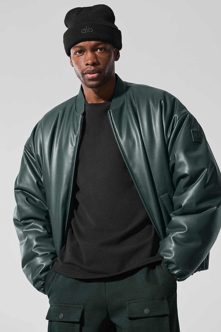 Faux Leather Premier Bomber - Charcoal Green--2