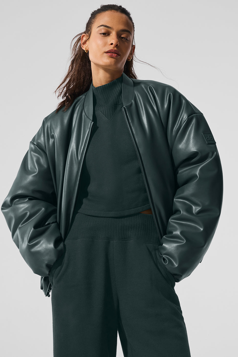 Faux Leather Premier Bomber - Charcoal Green--3