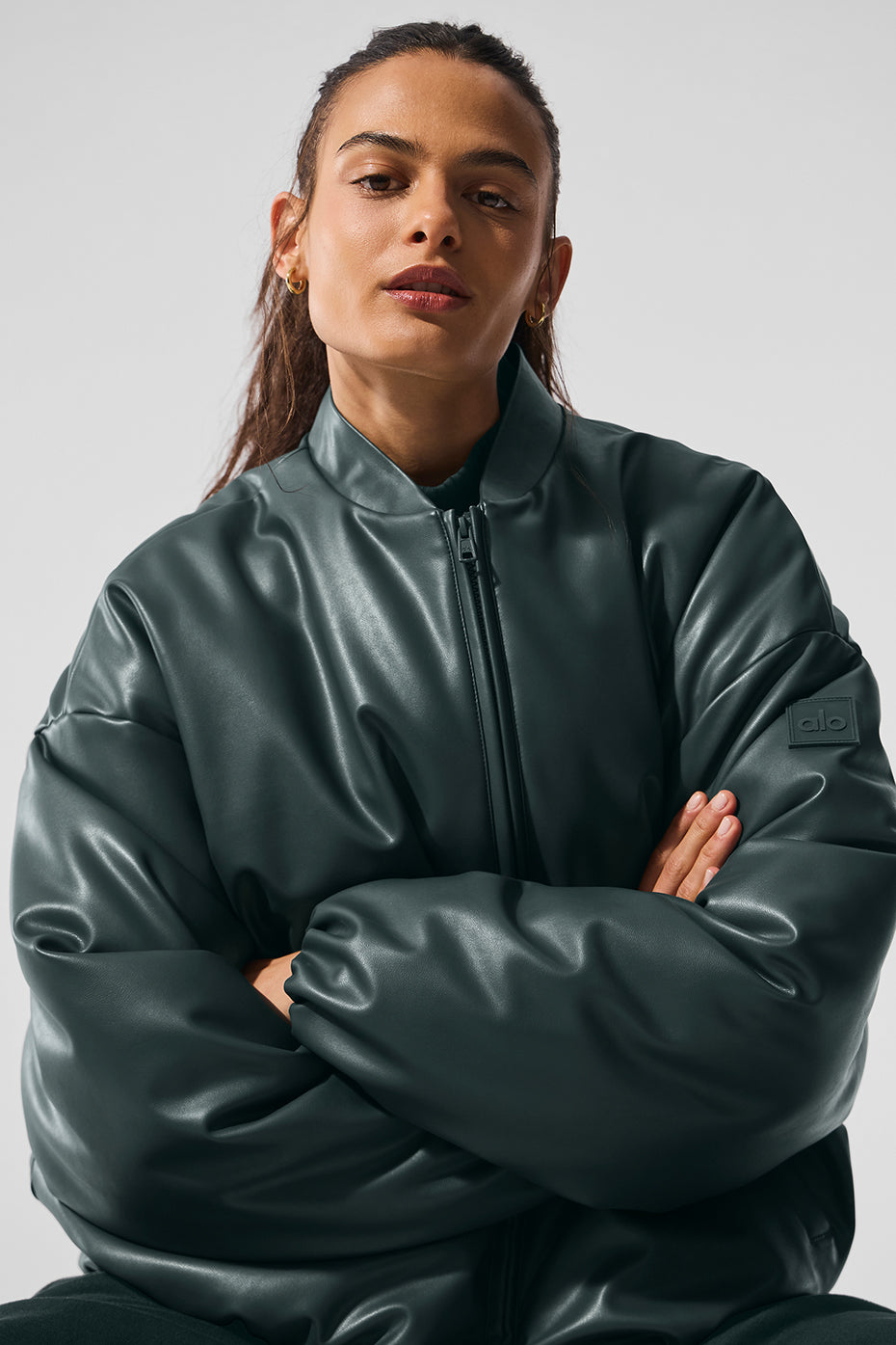 Faux Leather Premier Bomber - Charcoal Green--4