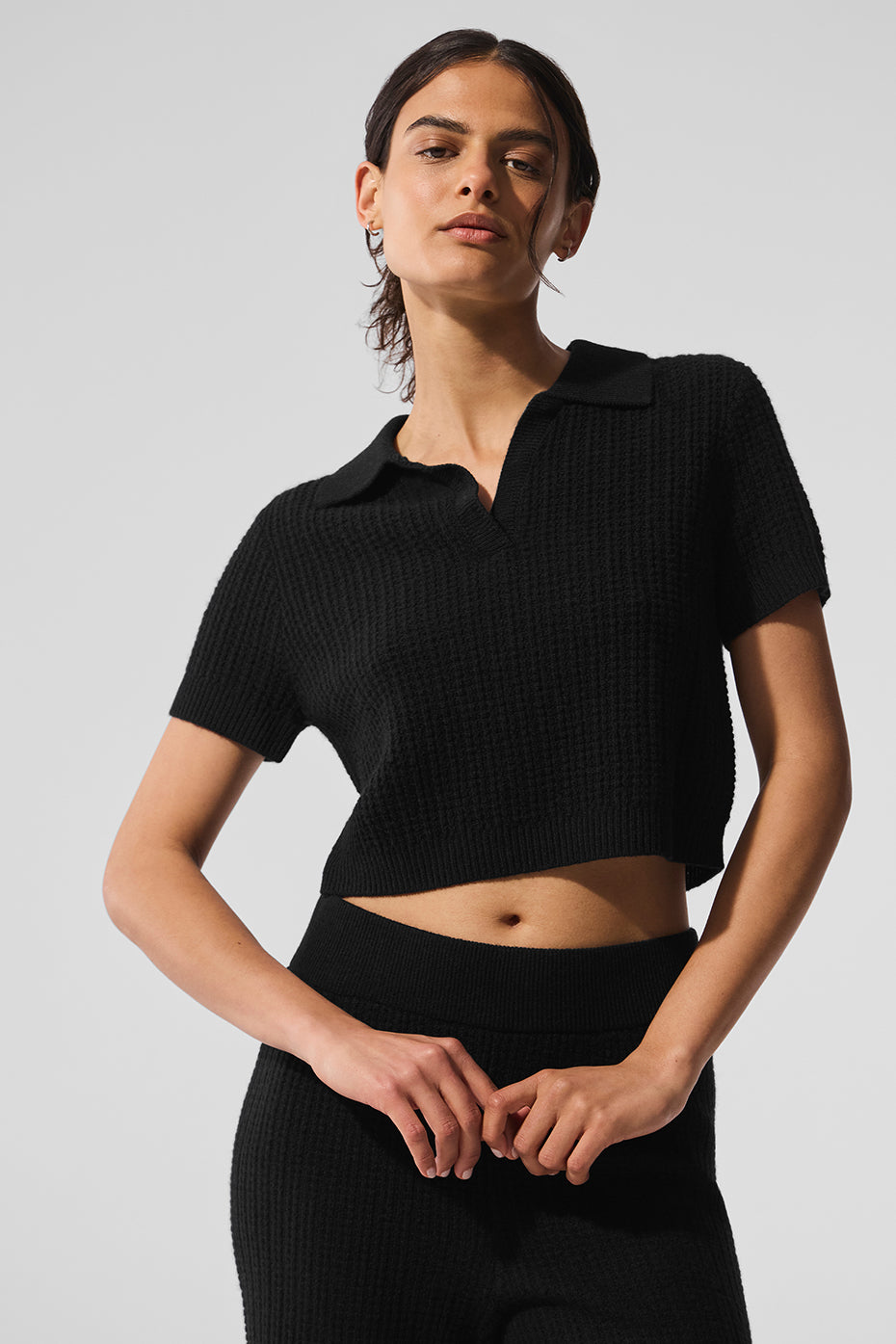 Cashmere Plush Waffle Polo Tee - Black--0