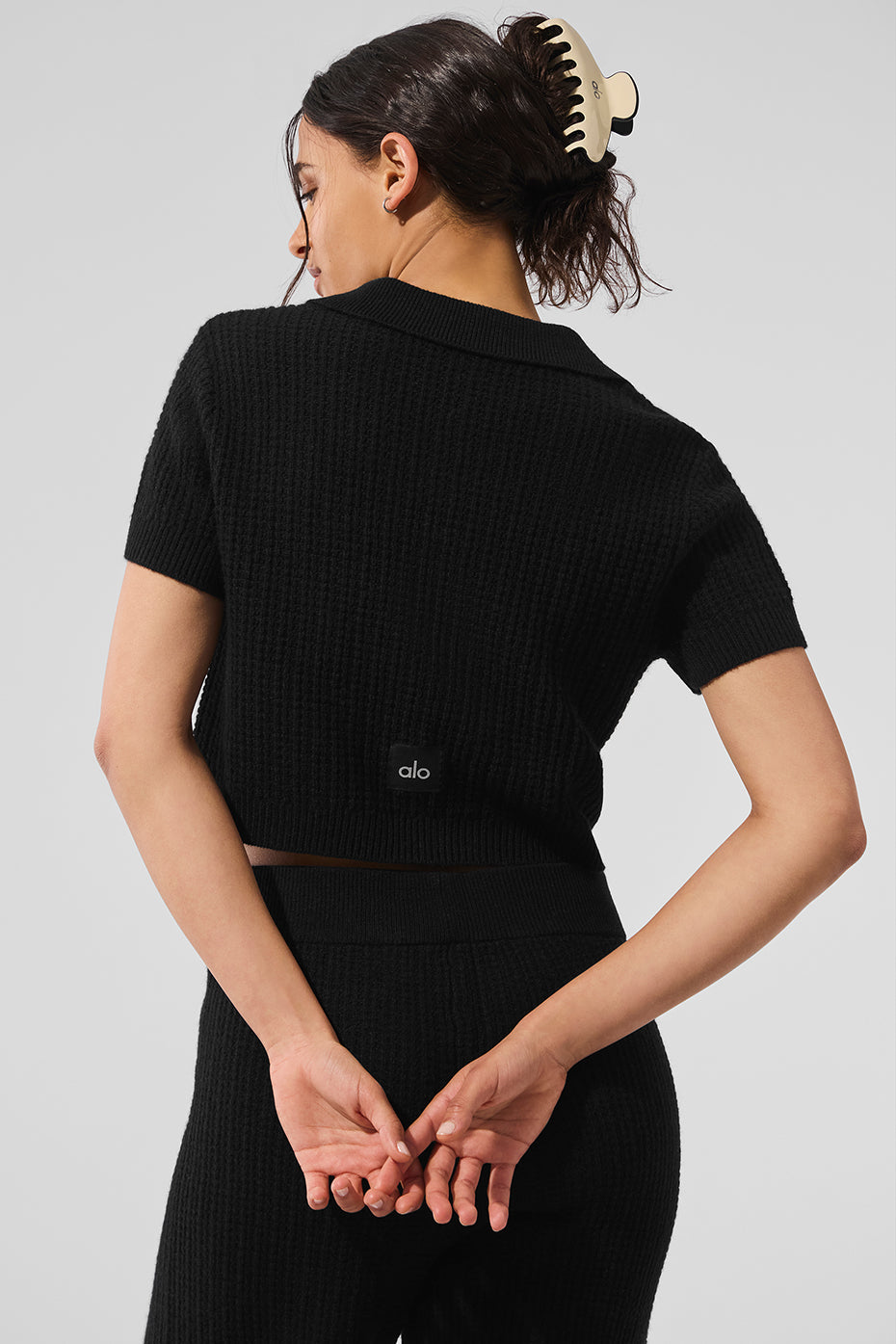Cashmere Plush Waffle Polo Tee - Black--2
