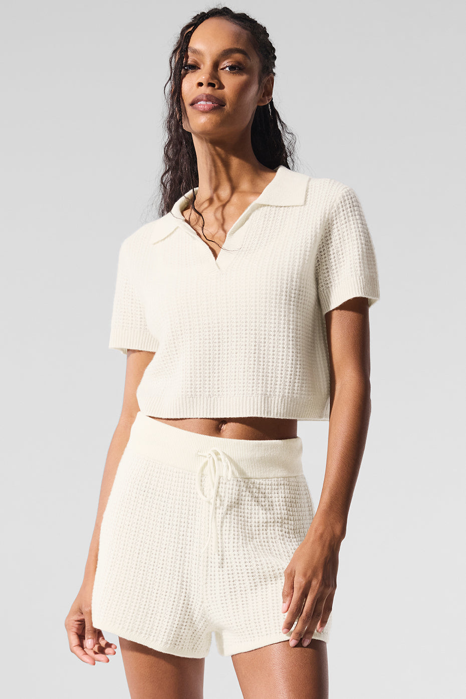 Cashmere Plush Waffle Polo Tee - Ivory--3