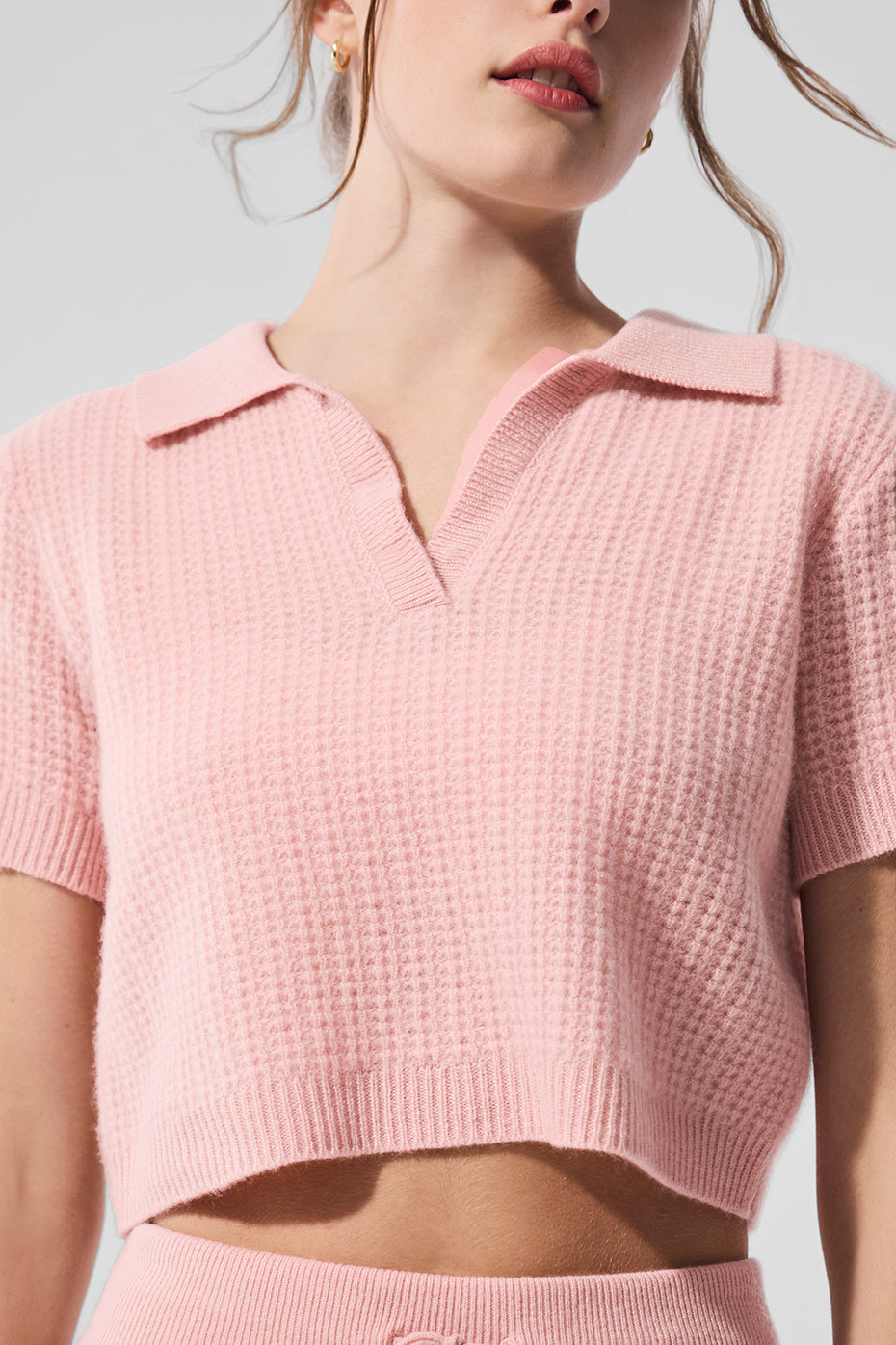 Cashmere Plush Waffle Polo Tee - Pink Quartz--3