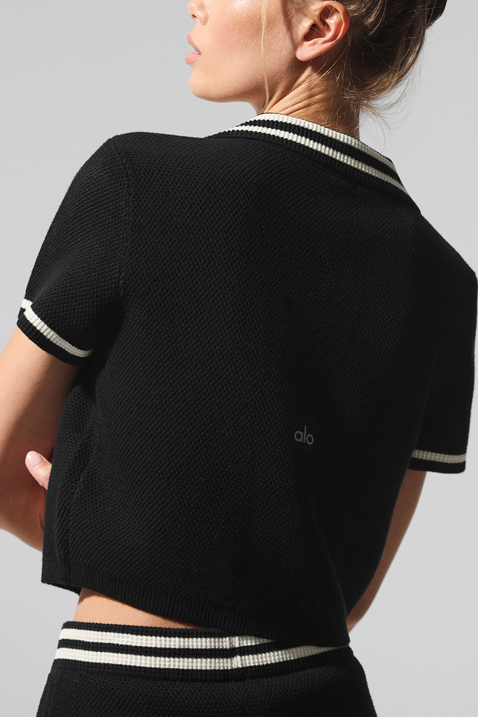 Tennis Club Sweater Knit Cropped Polo - Black/Ivory--3