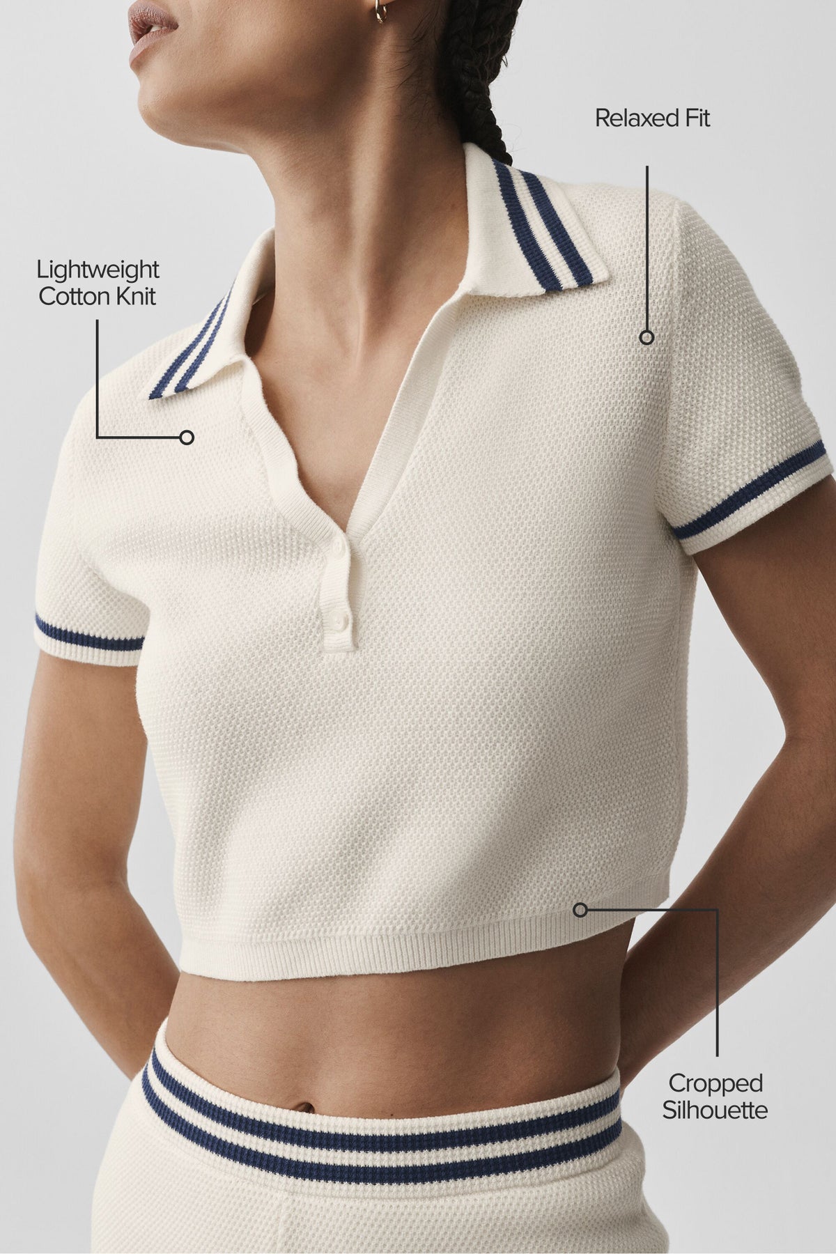 Tennis Club Sweater Knit Cropped Polo - Ivory/Navy--1