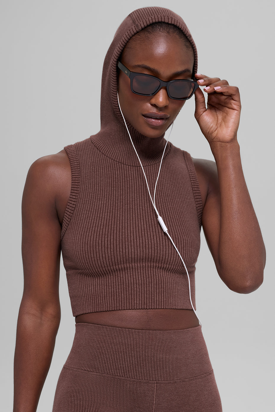 Seamless Two Tone Rib Hooded Vest - Brownstone Heather--0