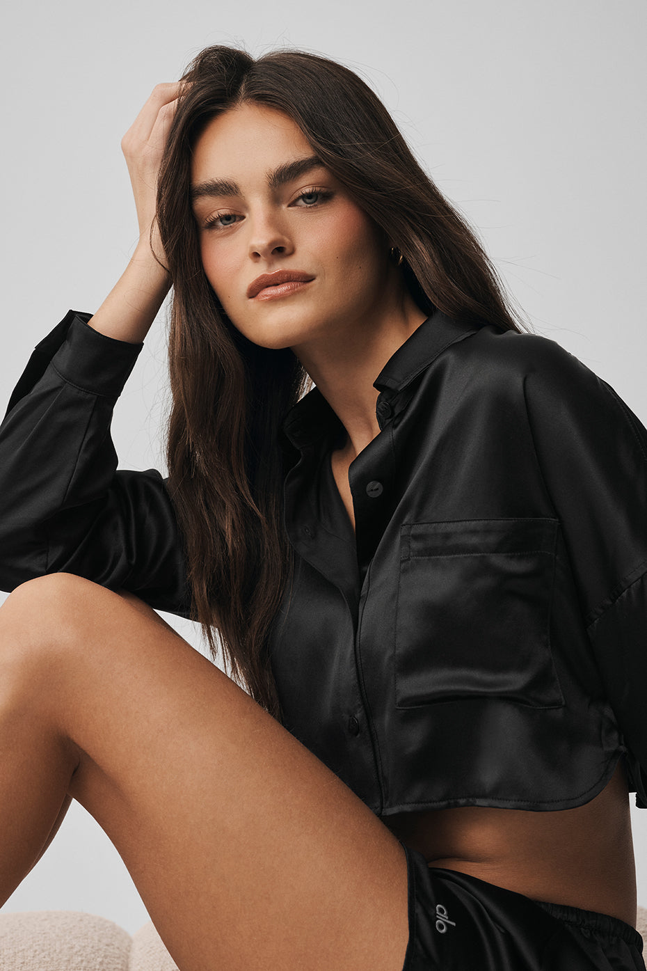 Silk Luminous Cropped Button Down Long Sleeve - Black--2