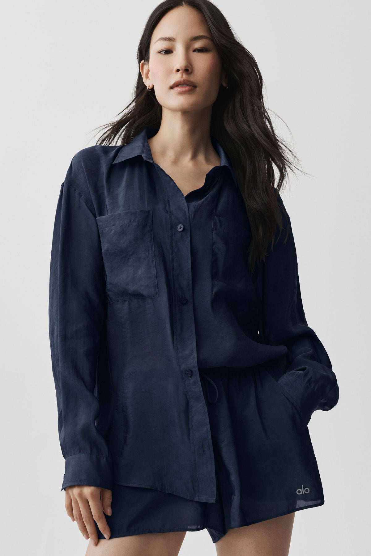 Semi-Sheer Golden Hour Button Down Long Sleeve - Navy--2