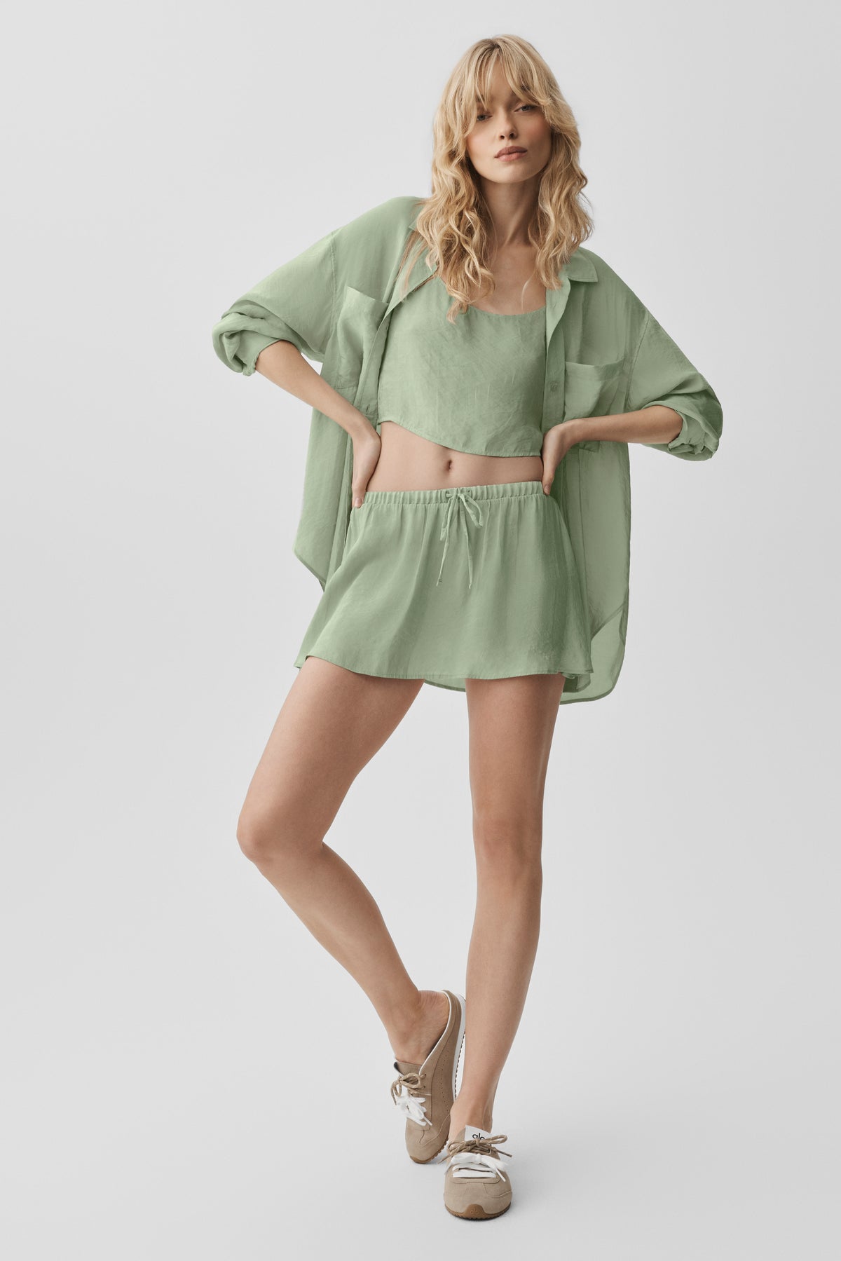 Semi-Sheer Golden Hour Button Down Long Sleeve - Dune Grass--6