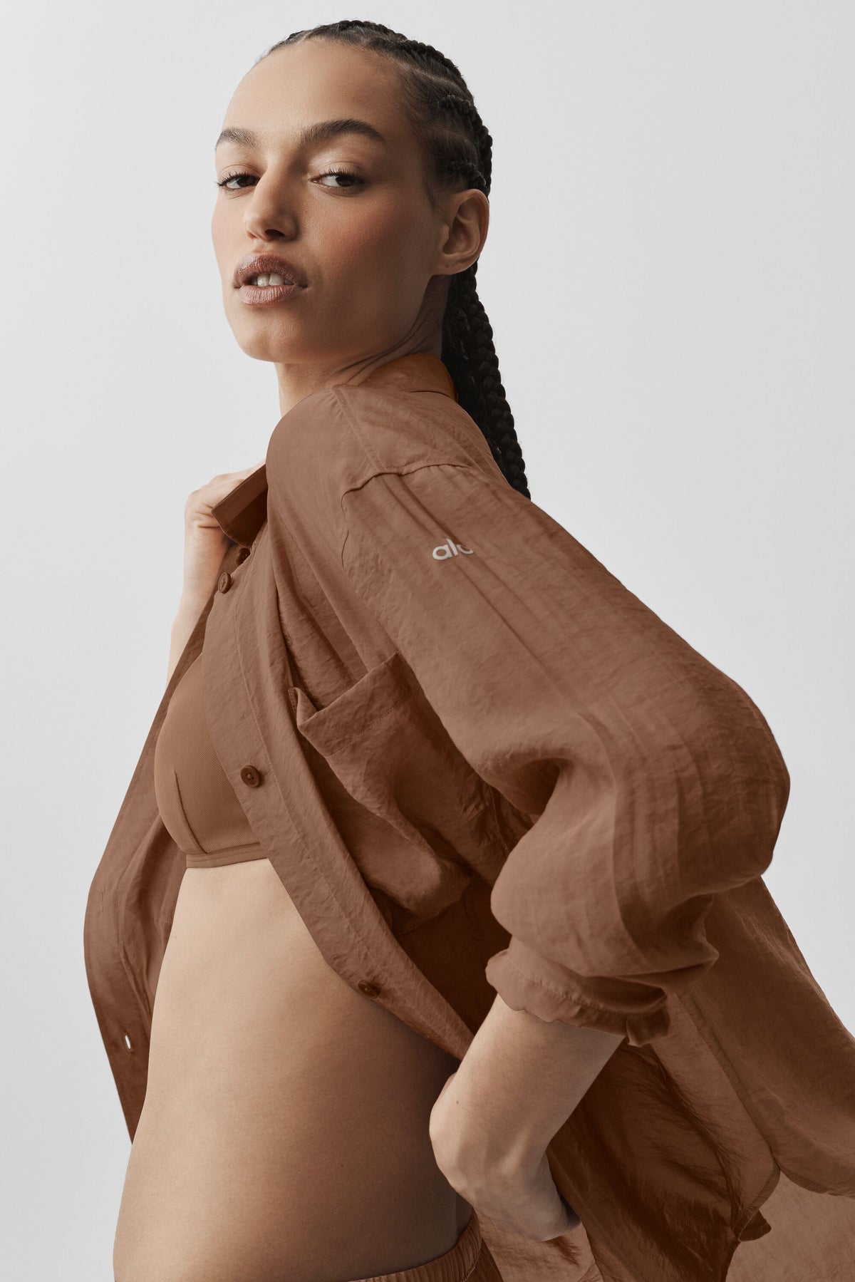 Semi-Sheer Golden Hour Button Down Long Sleeve - Sun Kissed Brown--2