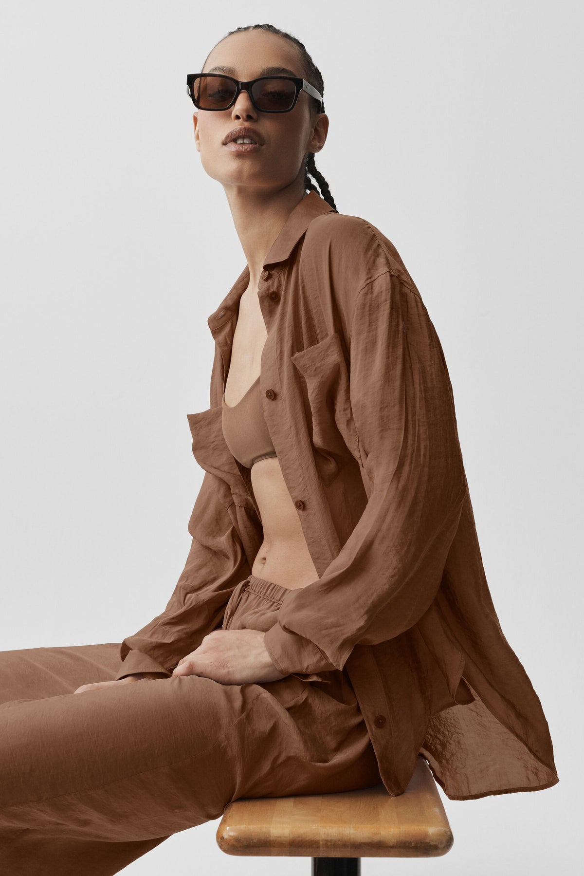 Semi-Sheer Golden Hour Button Down Long Sleeve - Sun Kissed Brown--3
