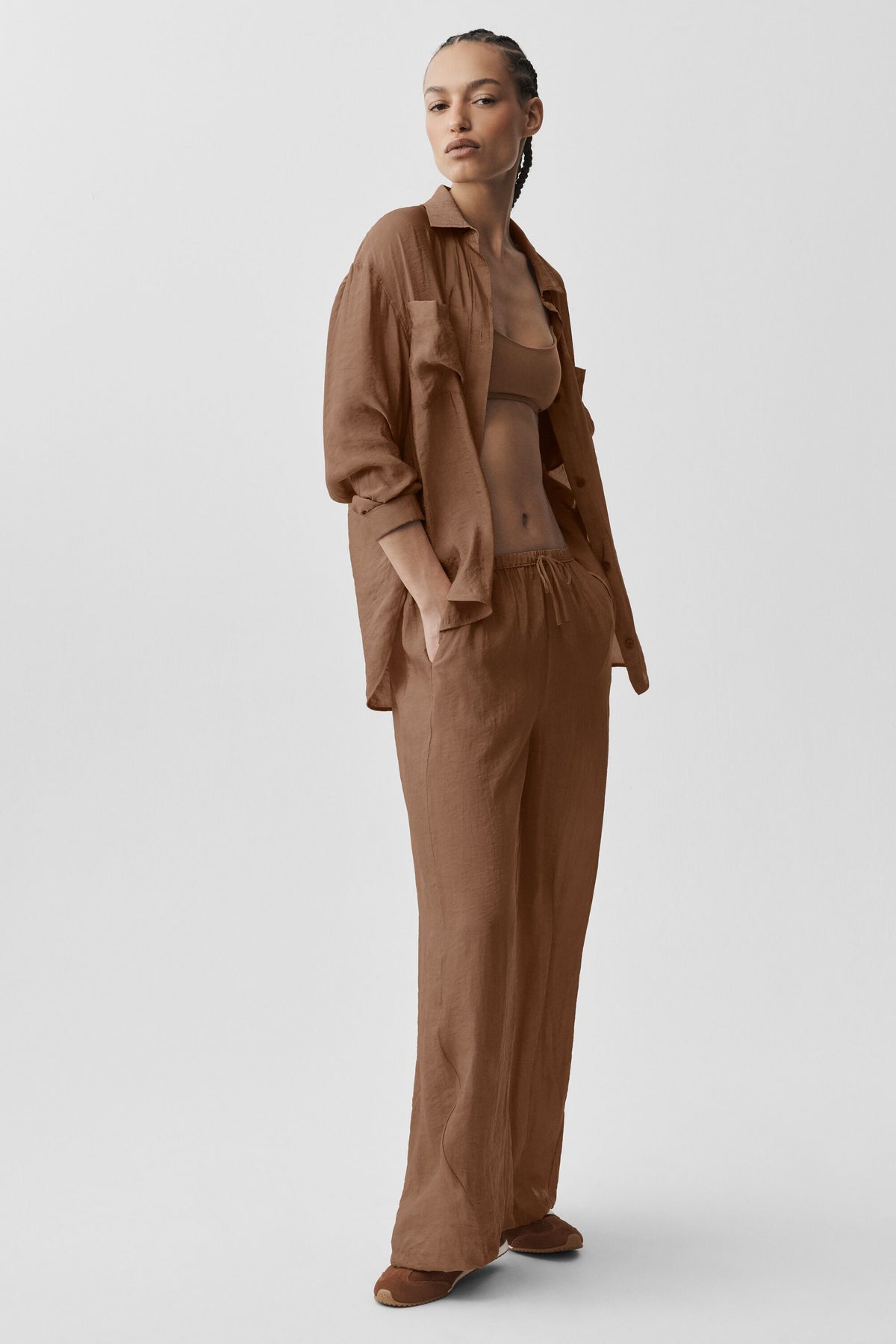 Semi-Sheer Golden Hour Button Down Long Sleeve - Sun Kissed Brown--4