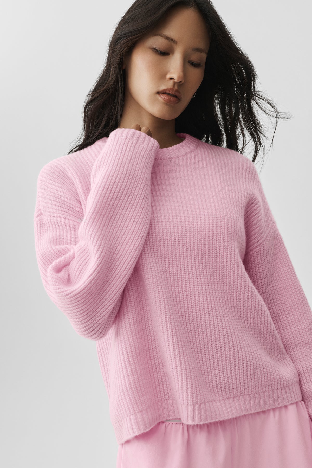 Wool Cashmere Ribbed Noble Crewneck Sweater - Pink Marshmallow--2