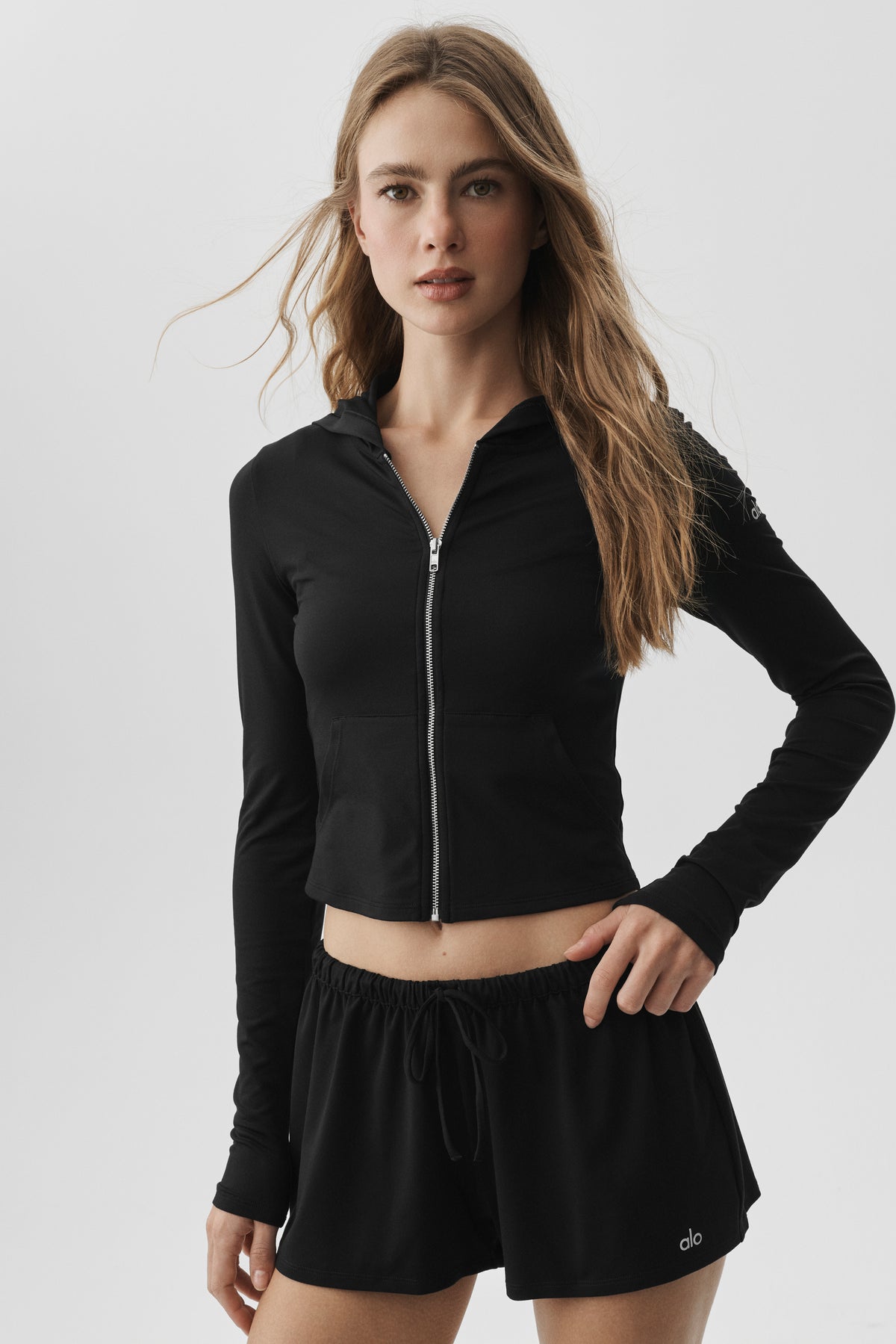 Alosoft Finesse Full Zip Fitted Hoodie - Black--0