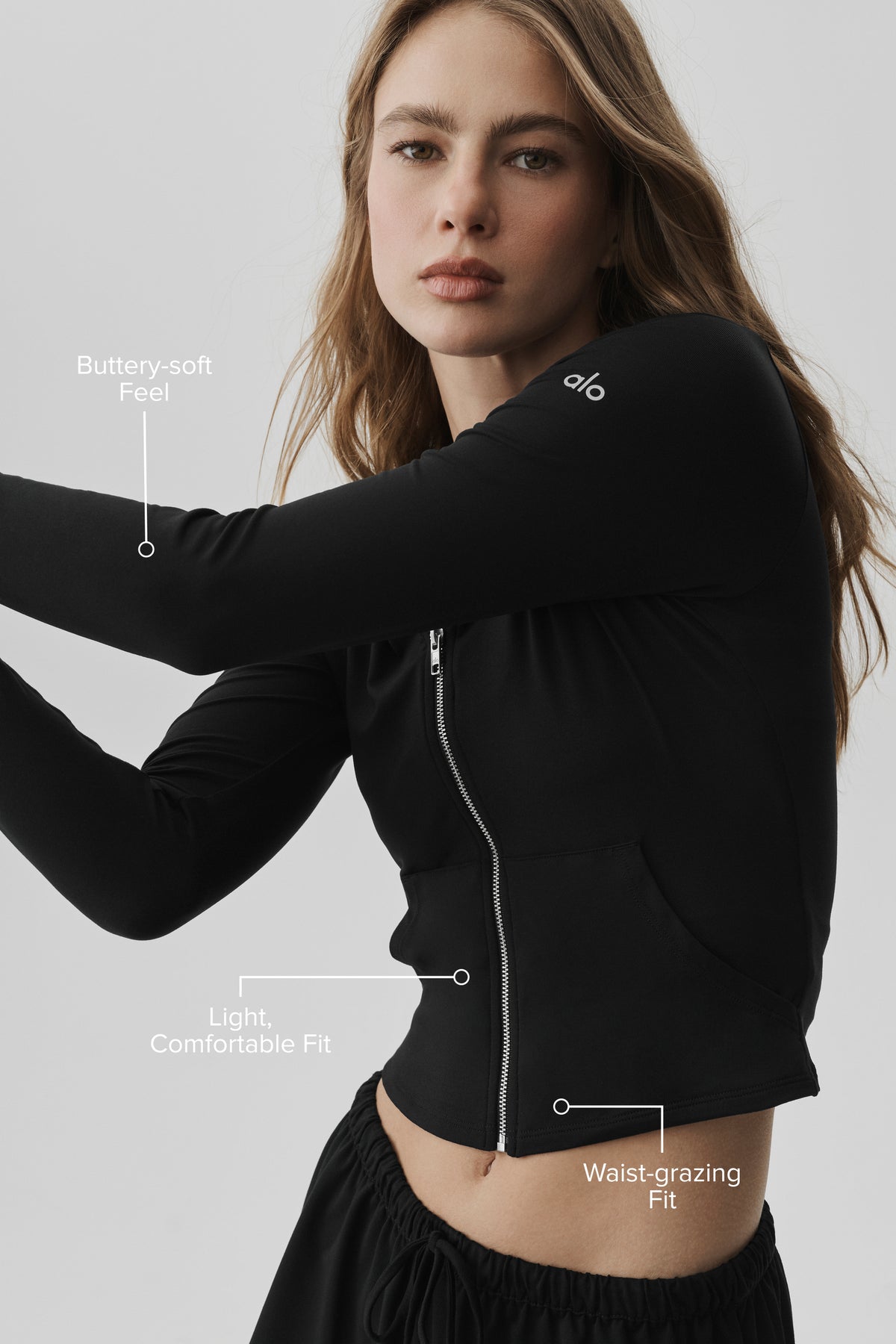 Alosoft Finesse Full Zip Fitted Hoodie - Black--1