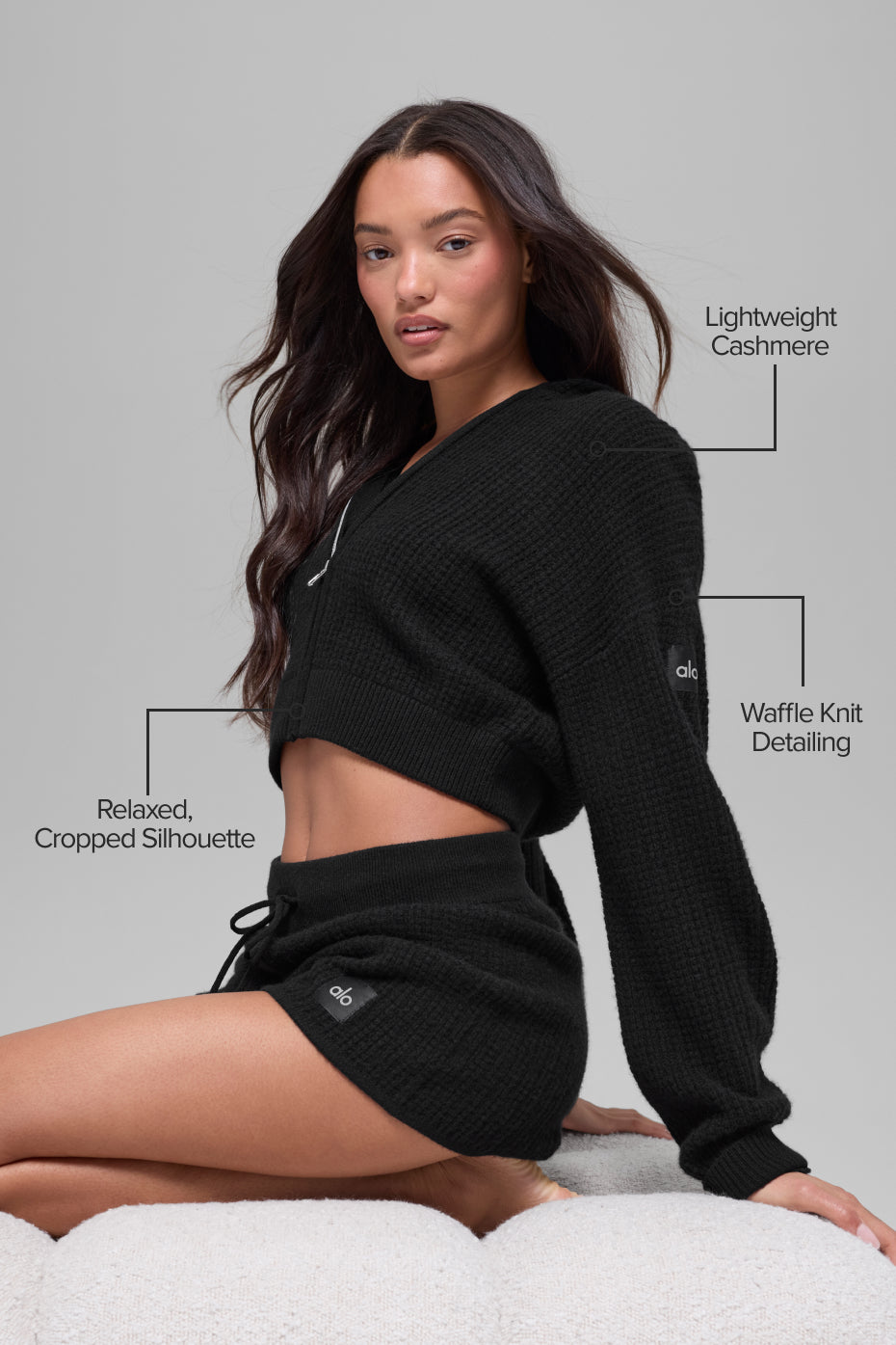 Cashmere Plush Waffle Full Zip Hoodie - Black--1