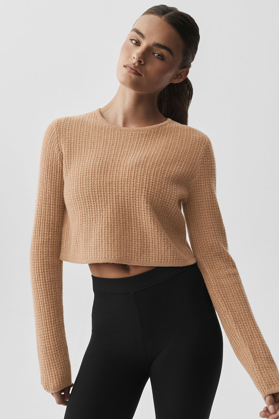 Cashmere Plush Waffle Cropped Long Sleeve - Toasted Almond--0