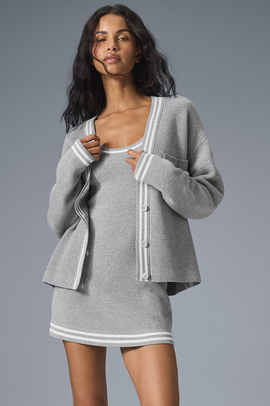 Tennis Club Sweater Knit Cardigan - Athletic Heather Grey/White--0