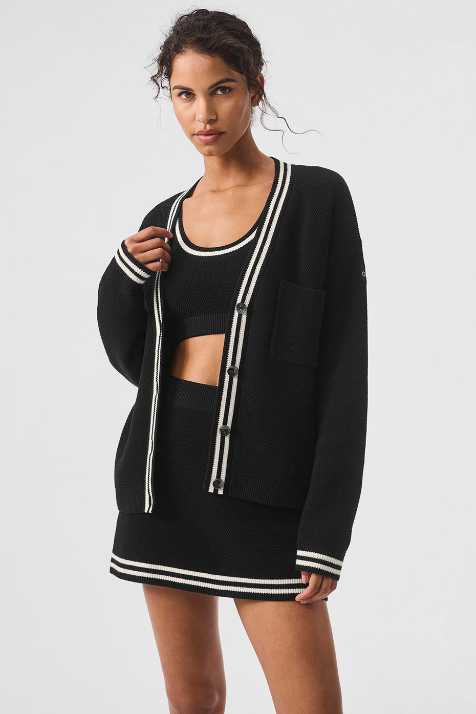 Tennis Club Sweater Knit Cardigan - Black/Ivory--2