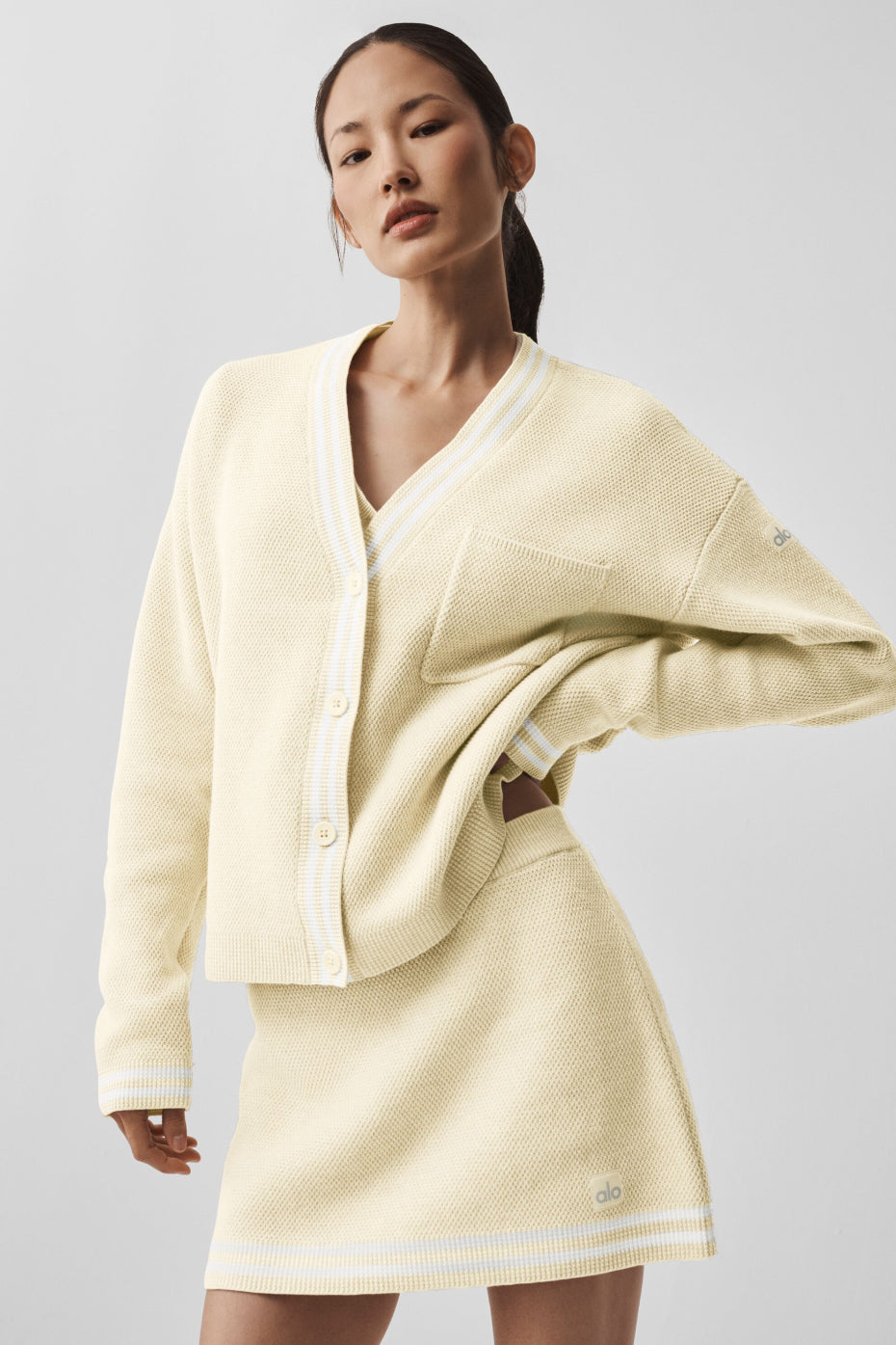 Tennis Club Sweater Knit Cardigan - Oatmeal/White--4